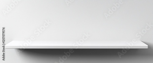 Empty white shelf against a white wall.