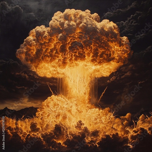 Illustration of atomic bomb, nuclear, fire, violent explosion, war.