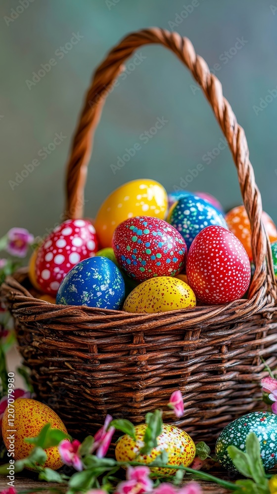 Festive easter basket with colorful eggs and candy. Vertical background Festive easter basket with colorful eggs and candy. Vertical background