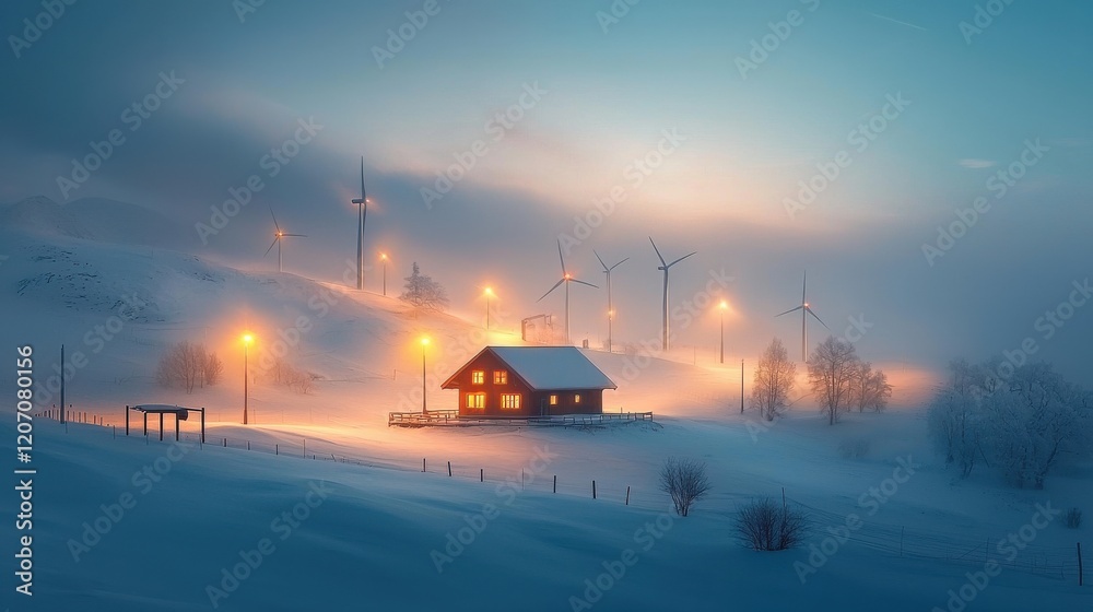 Mesmerizing winter night view of a snow-covered wind turbine park and cozy cabin illuminated landscape serene atmosphere captivating concept Mesmerizing winter night view of a snow-covered wind turbine park and cozy cabin illuminated landscape serene atmosphere captivating concept
