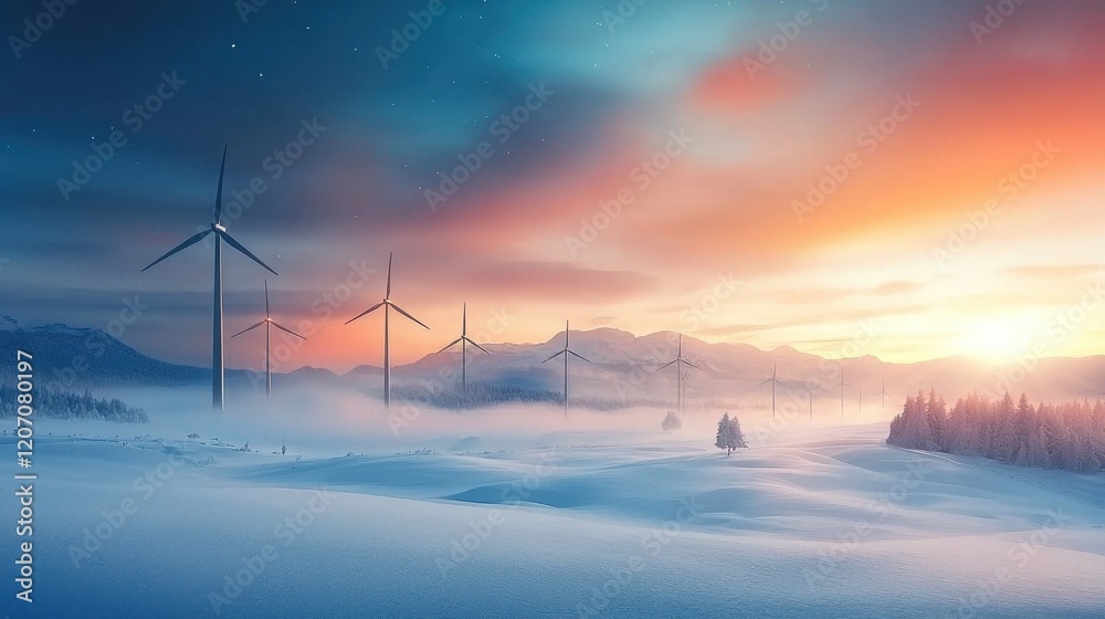 Breathtaking glowing wind turbine park in a snow-covered landscape early morning nature photography serene environment wide-angle view sustainability concept Breathtaking glowing wind turbine park in a snow-covered landscape early morning nature photography serene environment wide-angle view sustainability concept