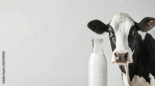 Black and White Cow Next to Milk Bottle