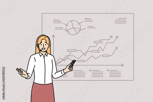 Lecture by business speaker talking about successes of marketing company, standing near screen with growing charts. Business speaker giving presentation on successful corporation strategy