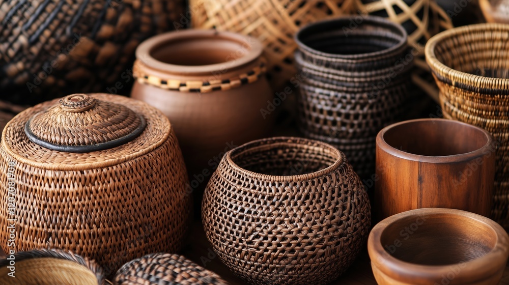 Collection of handcrafted baskets and containers displayed on a textured surface with warm lighting and natural tones. Mocha Mousse trend color 2025 Collection of handcrafted baskets and containers displayed on a textured surface with warm lighting and natural tones. Mocha Mousse trend color 2025