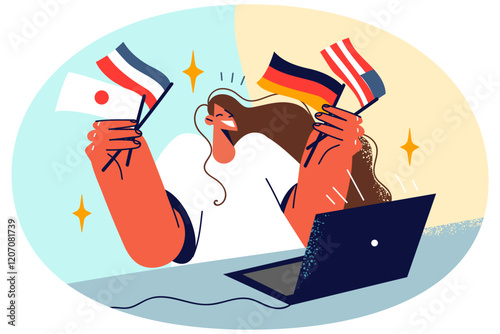 Smiling woman with laptop hold countries flags
