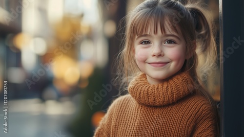 Wallpaper Mural Girl in a cozy sweater smiles happily while enjoying a sunny day outdoors in an urban environment. Mocha Mousse trend color 2025 Torontodigital.ca