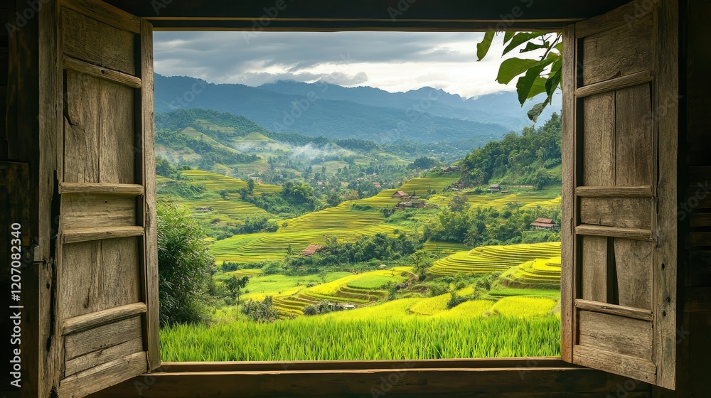 Fototapeta premium Landscape nature view background view from wooden gate