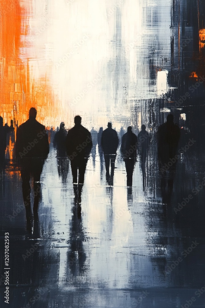 Obraz premium Urban Silhouettes Walking in Abstract Cityscape Art Scene