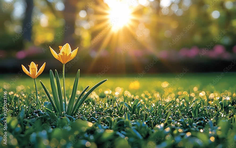 Fototapeta premium Two yellow tulips blooming in a sunlit meadow.