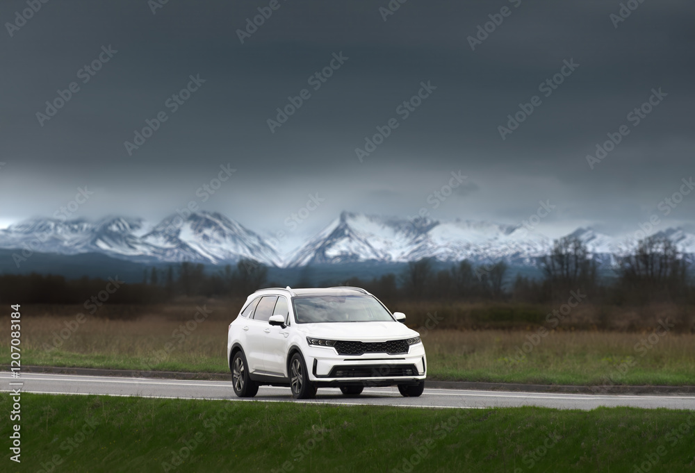 Fototapeta premium White modern car. Truck with up-to-date safety features.
