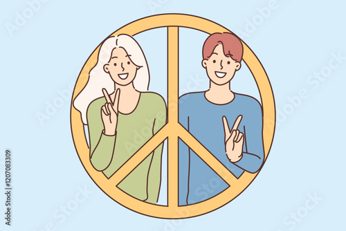 Pacific symbol with smiling man and woman campaigning for no war or world peace.