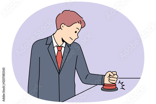 Business man presses red button to launch new corporate process or promising startup. President of state uses red button giving order to begin nuclear strike, for concept of atomic threat
