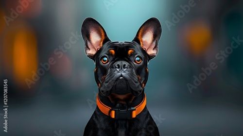 Black French Bulldog, city bokeh background, pet portrait, website banner photo