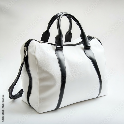 White and black duffel bag with handles and shoulder strap. photo