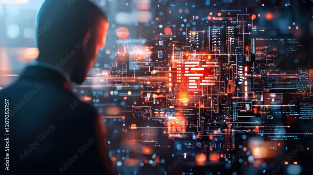 Fototapeta premium Cybersecurity alert abstract glowing lines indicating a cyber breach digital workspace infographic style futuristic environment close view data protection concept