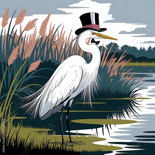 Art illustration of Great Egret with hat Standing Amidst Reeds in a Wetland
