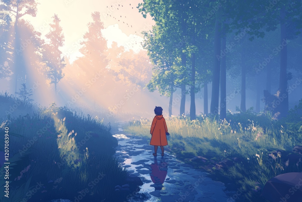 A person is walking down a path in a forest A person is walking down a path in a forest