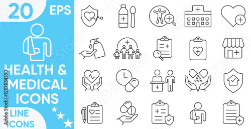 Health & Medical line Icon set. Medicine, check up, doctor, dentistry, pharmacy, lab, scientific discovery, collection, nurse, pills, clinic and more.Vector and illustrator set.