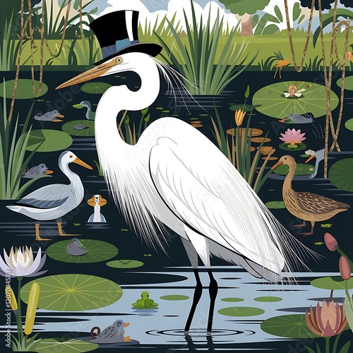 Art illustration of Great Egret Standing Amidst Reeds in a Wetland