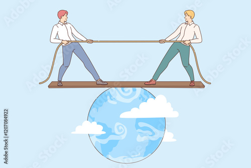 Geopolitical confrontation between two politicians tug of war standing on globe.