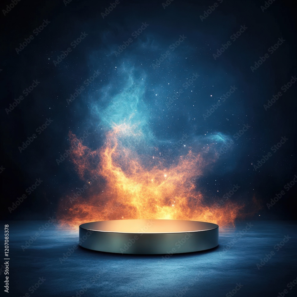 Celestial Fire and Ice Platform: Abstract Background with Glowing Nebula and Metal Cylinder Celestial Fire and Ice Platform: Abstract Background with Glowing Nebula and Metal Cylinder