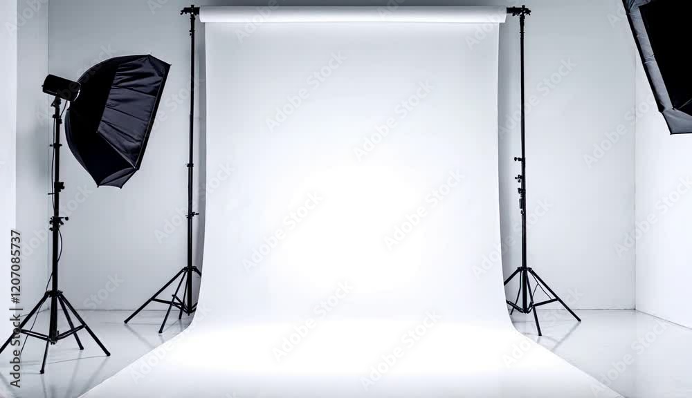 Modern studio setup with white backdrop and professional lighting equipment for photography sessions Modern studio setup with white backdrop and professional lighting equipment for photography sessions
