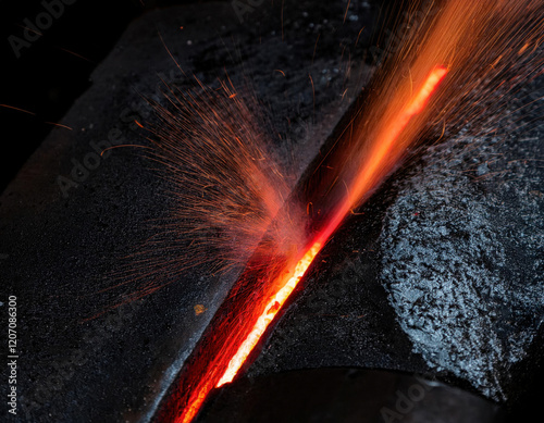 Metal being forged in a blacksmith workshop with bright sparks flying in the dark environment