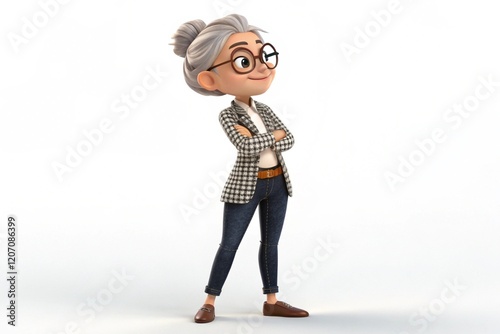 3D cartoon character, young woman on white background.
