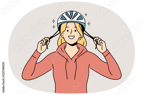 Woman cyclist puts protective helmet on head before cycling to protect against injuries from falls. Girl lover cycling advocates use of hardhat to avoid accidents that could lead to hospitalization.