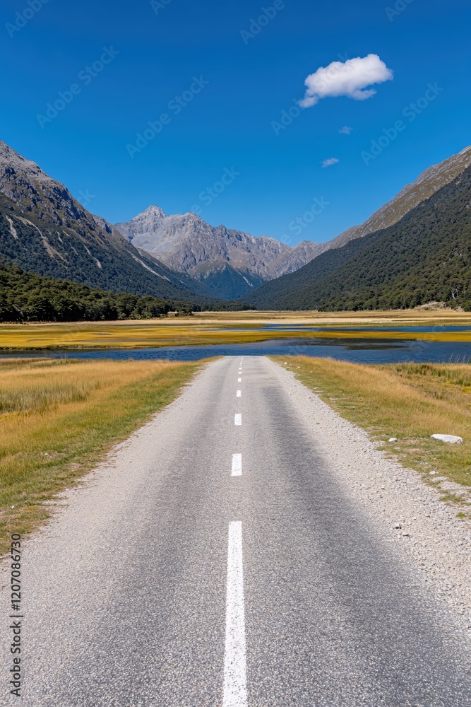 Fototapeta premium Scenic Road Journey Through Majestic Mountains and Serene Lake