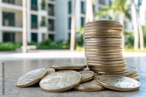 Condominium loan estate investment concept. Stacked coins on a surface with a blurred background of green foliage and buildings suggest wealth and investment.