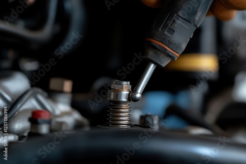 Tool unscrews a bolt on an engine component in a dimly lit workshop during a mechanical repair