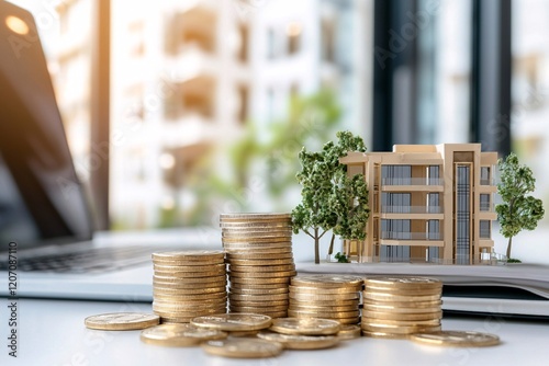 Condominium loan estate investment concept. A small model building beside stacks of gold coins, symbolizing real estate investment and financial growth in a modern workspace.