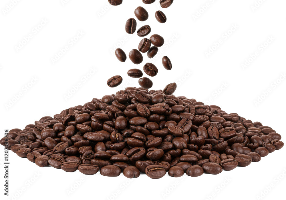 Naklejka premium Pile of roasted coffee beans with a few beans falling from above, isolated on white background