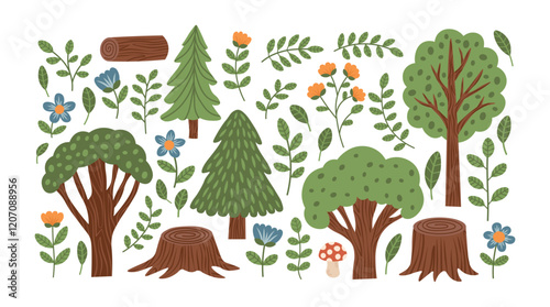 Forest woodland woods elements set. Trees, branches, stumps, flowers, leaves, grass and mushrooms. Botany collection. Vector illustration.