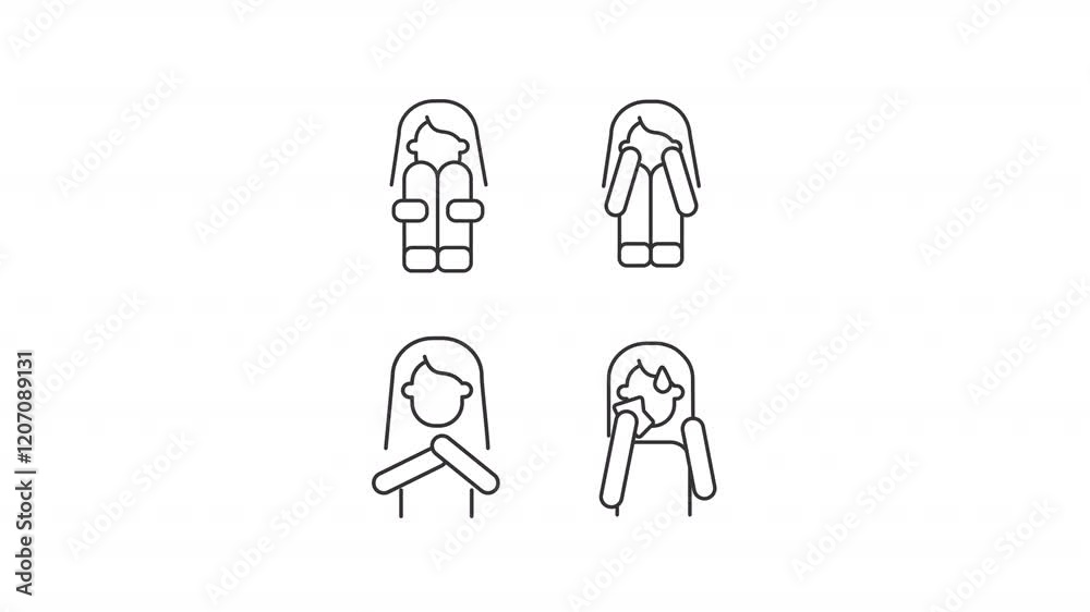 Symptoms of fear and anxiety line animation library. Animated icons of scared people. Stress. Panic attack. Black illustrations on white background. HD video with alpha channel. Motion graphic Symptoms of fear and anxiety line animation library. Animated icons of scared people. Stress. Panic attack. Black illustrations on white background. HD video with alpha channel. Motion graphic