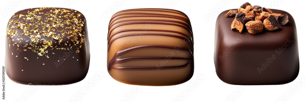 Trio of Gourmet Chocolates: Three decadent chocolate squares, each with a unique topping and design, displayed against a clean background. A perfect image for showcasing luxury confectionery. Trio of Gourmet Chocolates: Three decadent chocolate squares, each with a unique topping and design, displayed against a clean background. A perfect image for showcasing luxury confectionery.