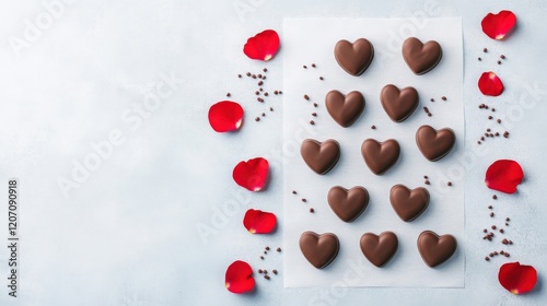 Romantic Chocolate Hearts on Soft Background Surrounded by Rose Petals and Sprinkles