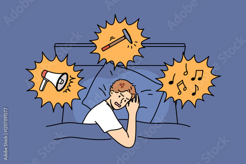 Noisy neighbors disturb sleep of irritated man lying in bed at night and in need of sleeping pills. Problem noisy neighbors causes insomnia for guy hearing sounds of music or using hammer for repairs