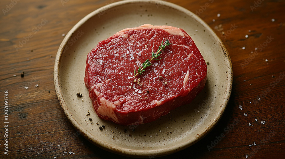Raw steak on paper, on a plate, on a board. Rib eye steak, wagyu.