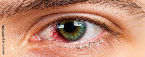 Close up of an eye with visible signs of ocular melanoma, showing dark pigmentation and inflammation in the iris