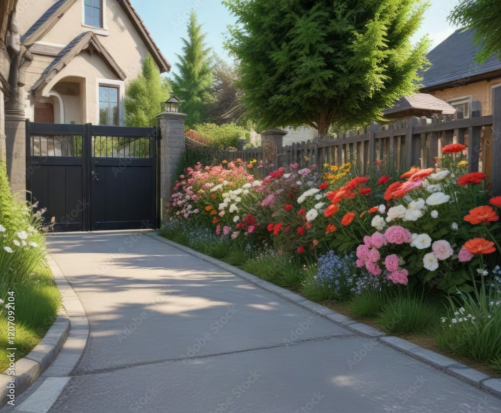 Naklejka premium A well-maintained driveway with a row of neatly arranged flowers and an automated barrier gate in the background, flowers, driveway, parking