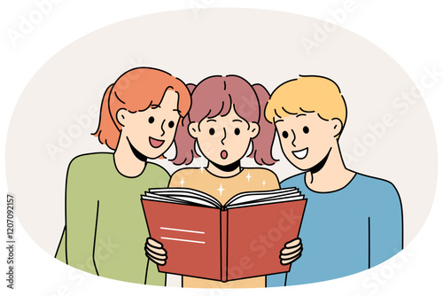 Children read book and are amazed at facts from history described in school encyclopedia. Boy and two pre-teen girls look with interest at book while visiting library or bookstore.
