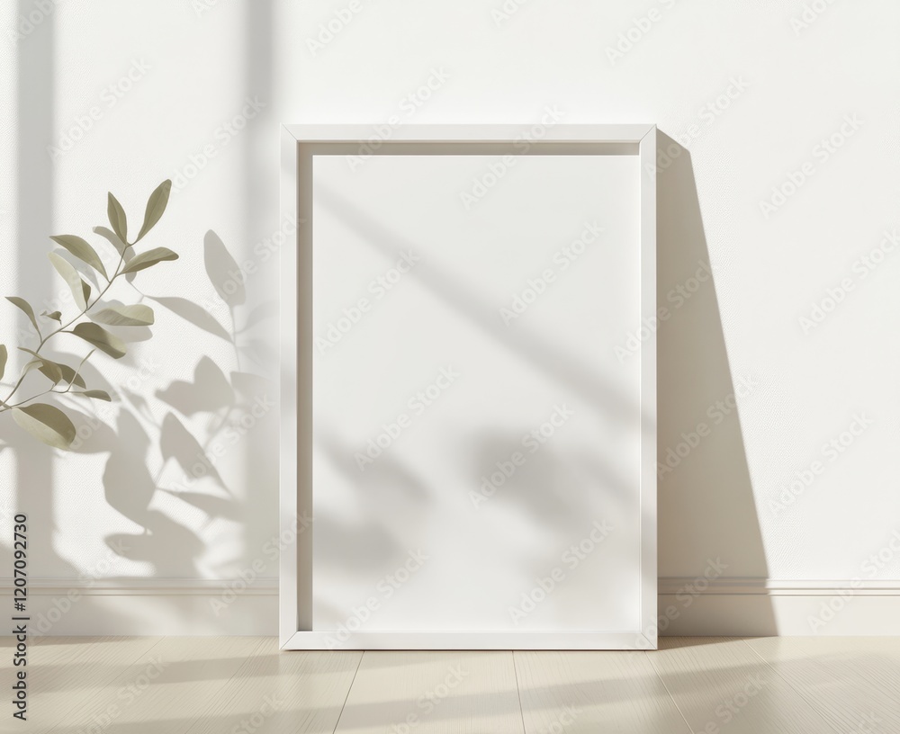 White frame mockup against a white wall with plant shadow. White frame mockup against a white wall with plant shadow.