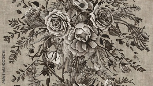 Wallpaper Mural Vector Roses floral botanical flowers. Wild spring leaf wildflower isolated. Black and white engraved ink art. Seamless background pattern. Fabric wallpaper print texture. Torontodigital.ca