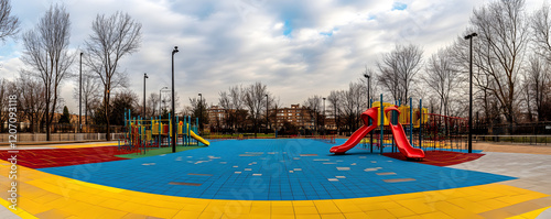 In the summer, a colorful, large playground in the city park remains empty, providing a scenic urban setting perfect for kids' games and sports. photo