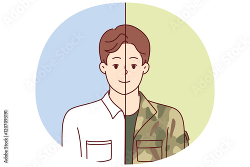 Man in military and office clothes simultaneously symbolizes dismissal from army and beginning of civilian career. Guy is former military man who became manager or opened own business