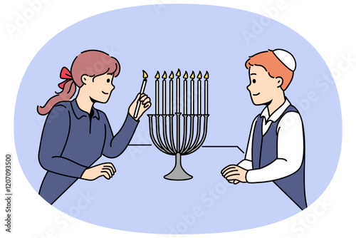 Jewish children stand near minora with burning candles, preparing for traditional holiday hanukkah. Boy in kippah and girl from israel celebrating onset hanukkah, showing commitment to traditions