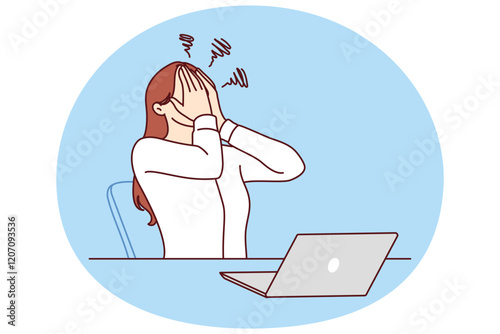 Business woman using laptop experiencing stress after making mistake or sending email to wrong recipient. Girl manager in business clothes suffers from stress associated with professional burnout