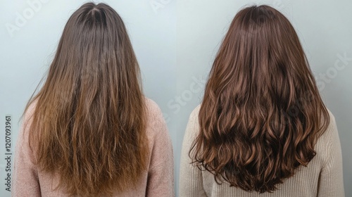 A before-and-after keratin treatment comparison, highlighting the transformation from frizzy, dry hair to smooth, silky, and manageable locks